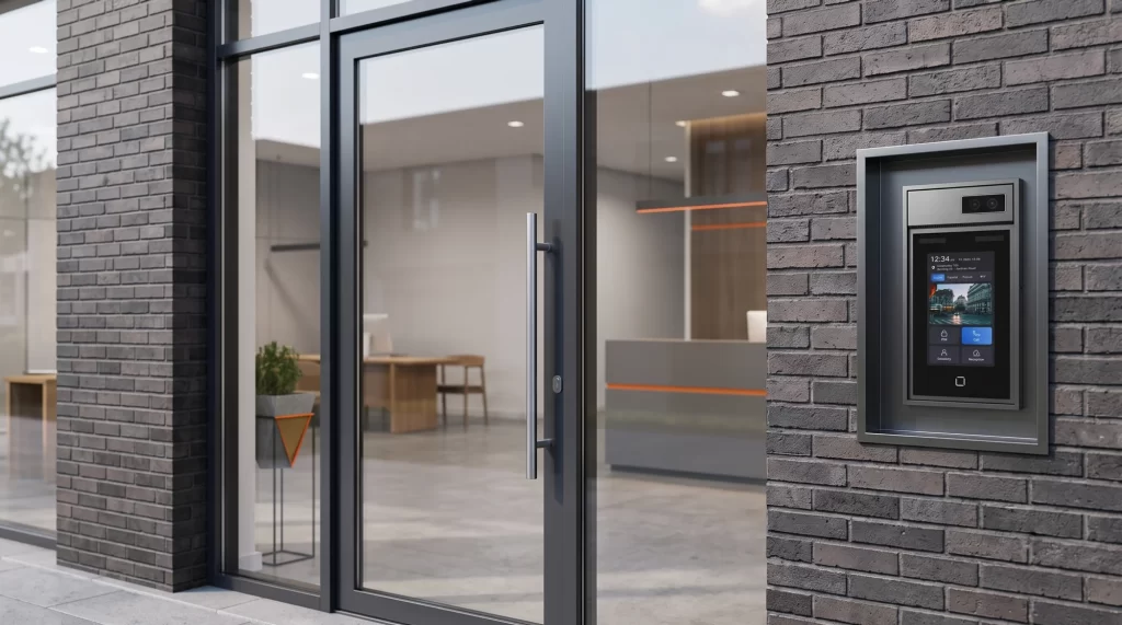 Intercom bedrijfsverzamelgebouw: digitaal belpaneel met namenlijst bij de entree