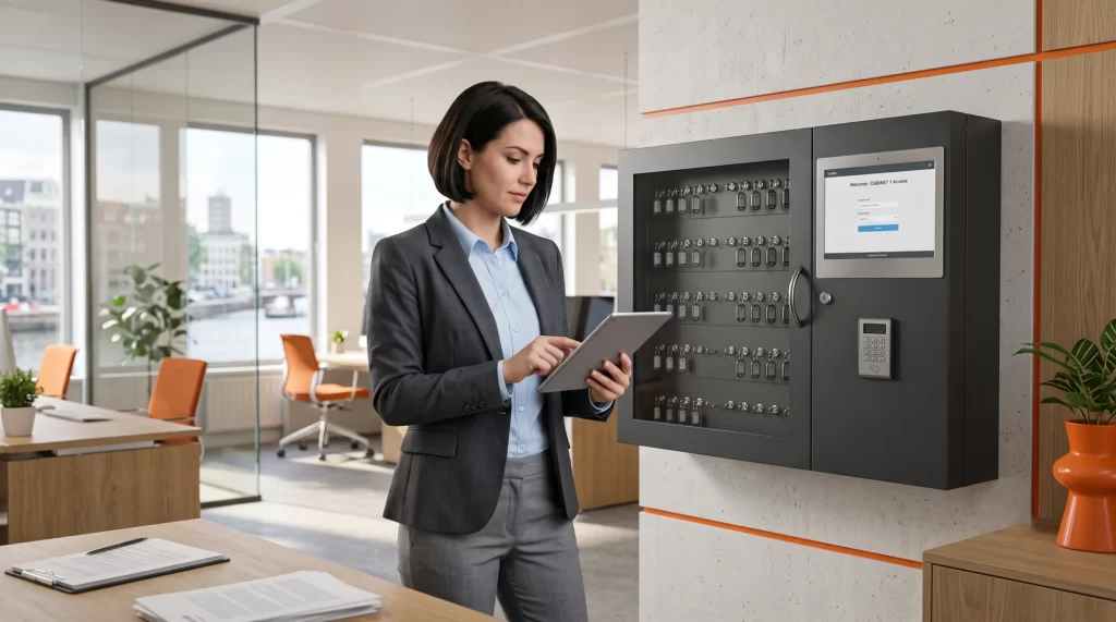 Sleutelkast en beheerdashboard voor centraal sleutelbeheer in een distributiecentrum