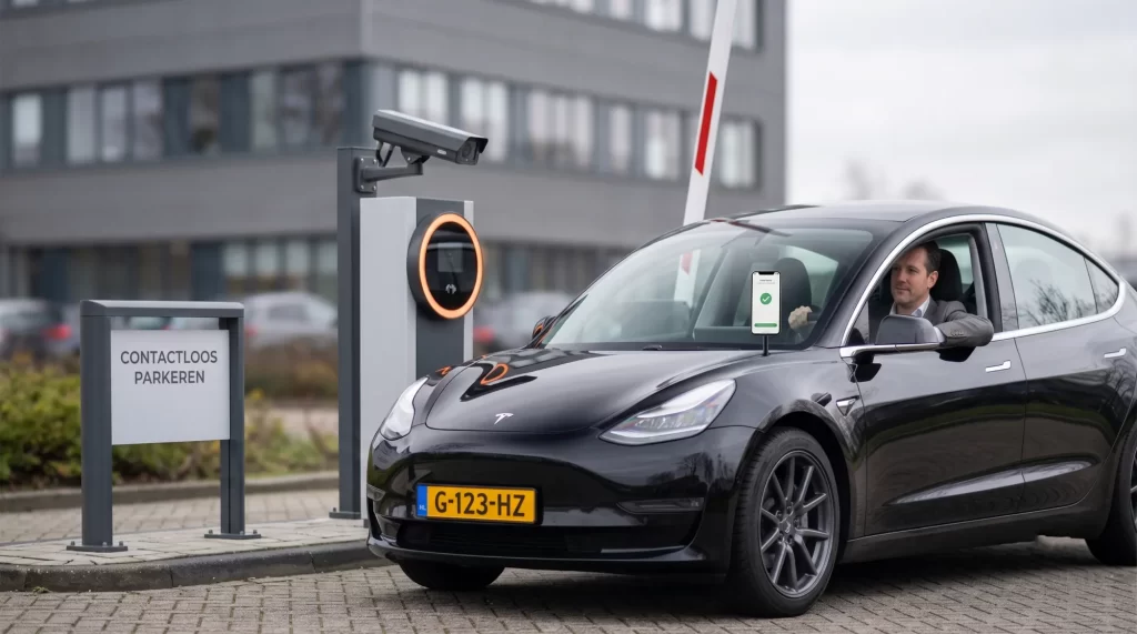 Contactloos parkeren met smartphone bij de slagboom van een parkeergarage