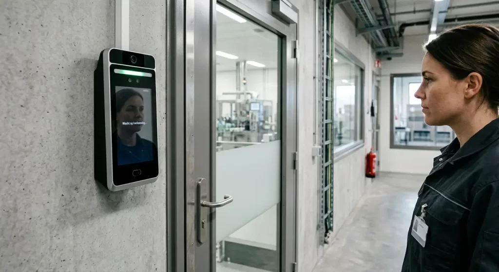 Biometrische toegangscontrole met gezichtsherkenningsterminal bij een deur in een industriële omgeving